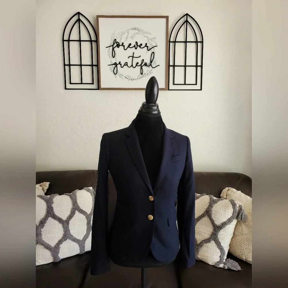 J Crew Navy Blue SchoolBoy Blazer Jacket Size 0 Wool Blend Classic Designer Boho